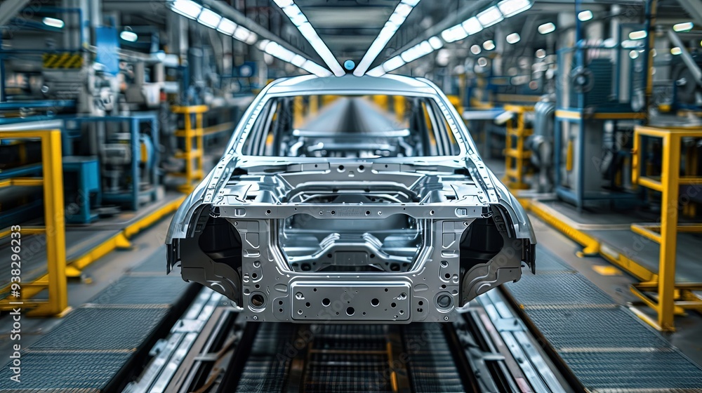 An automobile chassis is centered in a modern factory, surrounded by advanced machinery and equipment as it moves through the assembly line under bright lighting. An automobile chassis is centered in a modern factory, surrounded by advanced machinery and equipment as it moves through the assembly line under bright lighting.