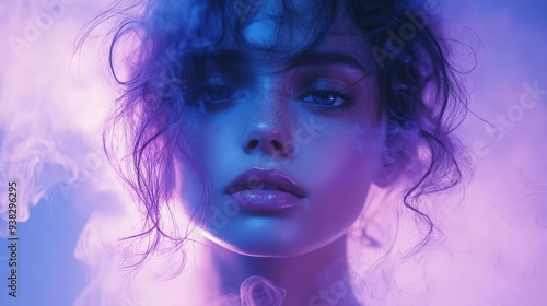 ethereal woman encased in swirling violet mist isolated on soft azure backdrop dreamy portrait with otherworldly atmosphere blending fashion and fantasy elements