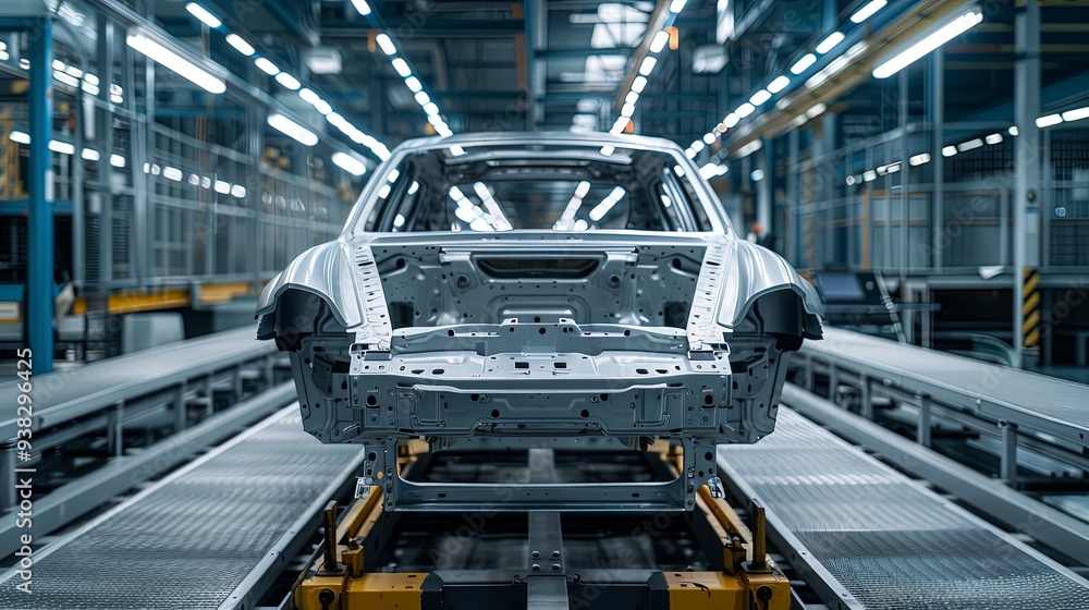 An unfinished car frame is positioned on a production line inside a modern manufacturing facility, highlighting the high degree of automation and technology involved in car production.