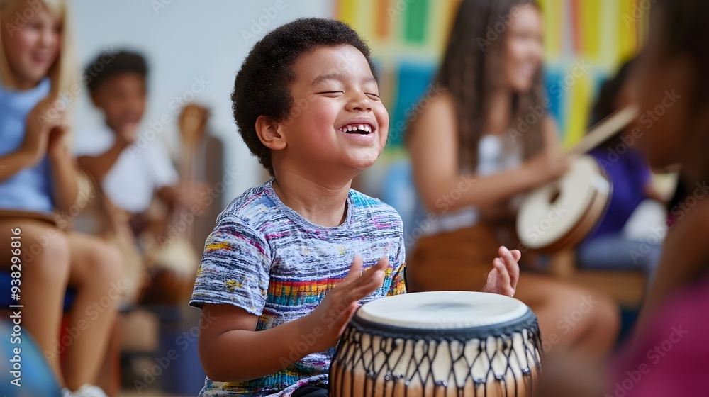 A joyful young boy plays a traditional drum in a vibrant classroom setting filled with children engaging in music education. A joyful young boy plays a traditional drum in a vibrant classroom setting filled with children engaging in music education.