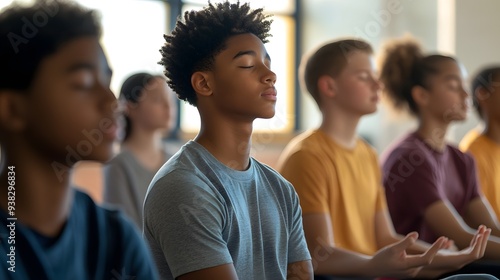 A diverse group of teenagers practicing mindfulness and meditation in a serene indoor setting. 