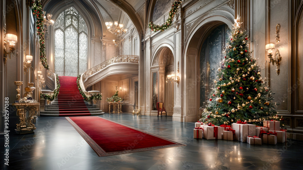 Fototapeta premium Elegance of the Holiday Season A Luxurious Interior Adorned with a Majestic Christmas Tree Illuminating the Room with Festive Warmth and Timeless Sophistication