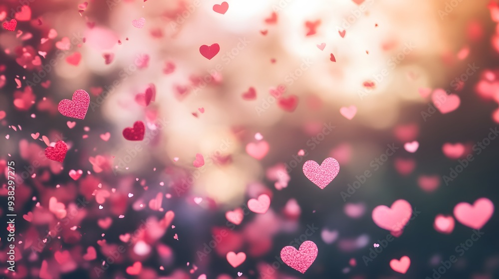 A blurred background featuring heart-shaped confetti and pink hearts A blurred background featuring heart-shaped confetti and pink hearts