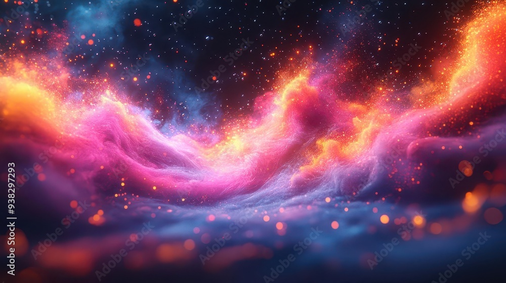 Naklejka premium explosive burst of neon paint splatters frozen in time swirling cosmic dust and vibrant liquid droplets suspended in inky black void