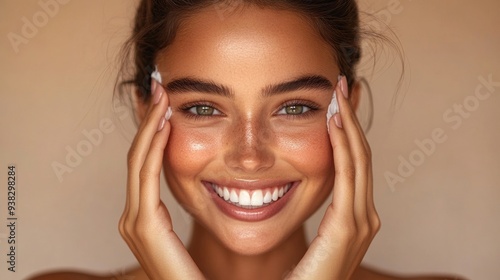 Radiant Glow: A beautiful young woman with flawless skin beams a bright smile, embracing natural beauty and skincare.