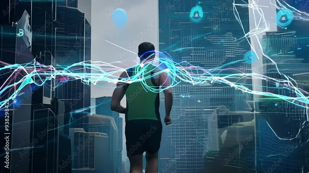 Athlete running through futuristic city with digital overlays showing biometric data Athlete running through futuristic city with digital overlays showing biometric data