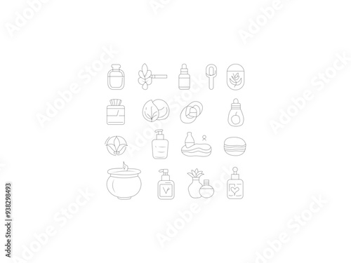Beauty and spa Ecology set icon. Windmill, earth, plant, nature, hand, ecological food, charging cable, solar panel, solar energy, tag, natural product, biofuel, icon design out line illustrator.
