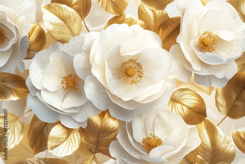 On a background of white, golden leaves and buds cover stucco peonies.