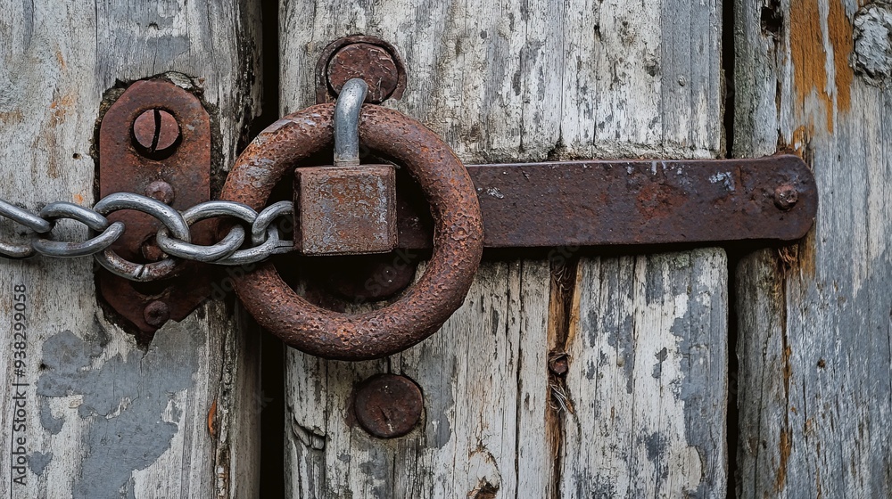 A new padlock and chain on an ancient wooden barn door on Cape Cod A new padlock and chain on an ancient wooden barn door on Cape Cod