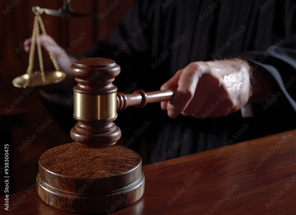 A stock photo featuring a wooden gavel prominently placed on a table in the foreground, with a blurred background showing a judge's hands holding the gavel. A stock photo featuring a wooden gavel prominently placed on a table in the foreground, with a blurred background showing a judge's hands holding the gavel.
