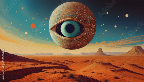 Nostalgic pointillism scenery with 1960s or 1980s inspired extraterrestrial mechanical eye above the arid planet in the backdrop, reminiscent of classic science fiction aesthetic. photo