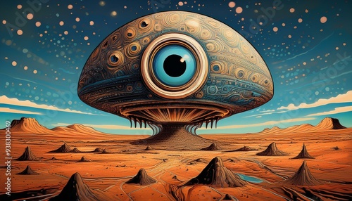 Nostalgic pointillism scenery with 1960s or 1980s inspired extraterrestrial mechanical eye above the arid planet in the backdrop, reminiscent of classic science fiction aesthetic. photo