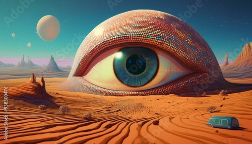 Nostalgic pointillism scenery featuring a 1960s or 1980s inspired extraterrestrial mechanical eye overlooking a desert world in a vintage science fiction aesthetic. photo