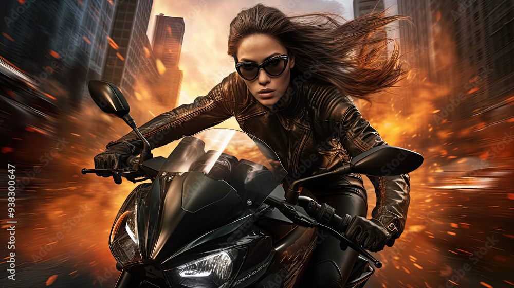 Obraz premium Action shot with woman on the bike riding away from fire and explosion. Dynamic scene in action movie blockbuster style.