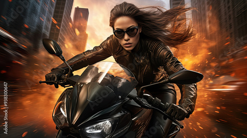 Action shot with woman on the bike riding away from fire and explosion. Dynamic scene in action movie blockbuster style.