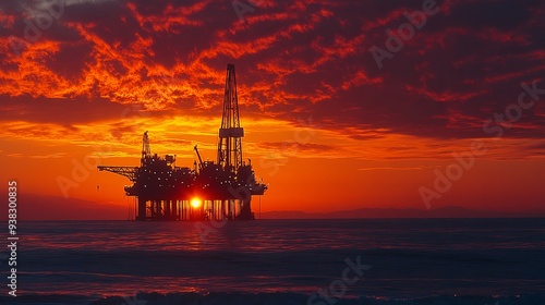 A stunning sunset photo showcases offshore oil drilling in Huntington Beach, California, with vivid hues casting a glow on industrial equipment