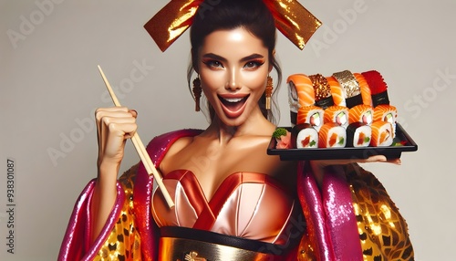 mesera asiatica con traje tradional y una tabla de sushi photo