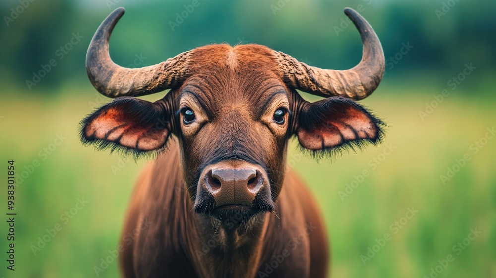 A buffalo with horns is staring at the camera. The cow is in a grassy field A buffalo with horns is staring at the camera. The cow is in a grassy field
