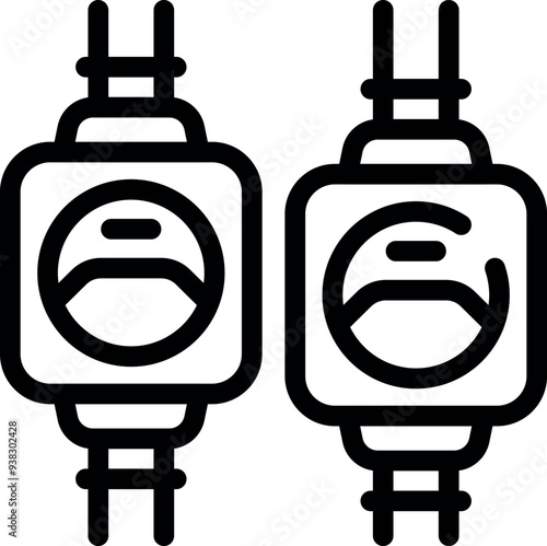 Simple black and white line art depicting two empty funicular railway cabins arriving at a station