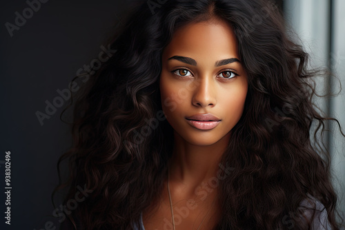 A woman with long brown hair and stylish makeup posing for a fashion photo shoot. She showcases bold lipstick, eyeliner, and glossy lips in a portrait.