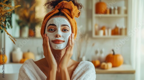 A woman applying a hydrating face mask in a bathroom with subtle fall accents, like small pumpkins and warm-toned towels, emphasizing self-care and seasonal skincare routines.