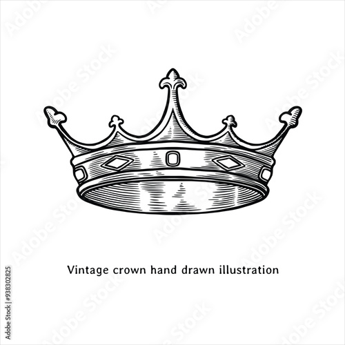 Crown illustration. Crown drawing. Crown hand drawn illustration in vintage engraving style. Crown sketch