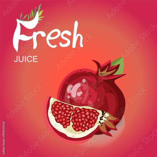 Vector banner for fresh pomegranate juice with garnet seeds and fruit, drops of juice, hand drawn illustration.