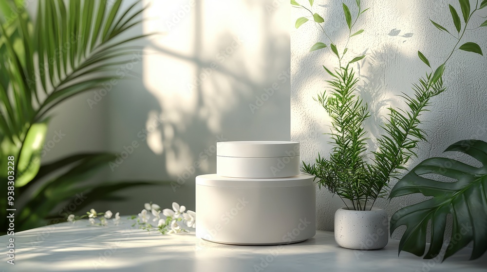 Two white cosmetic jars on a white pedestal with sunlight, green plants, and white flowers. Two white cosmetic jars on a white pedestal with sunlight, green plants, and white flowers.