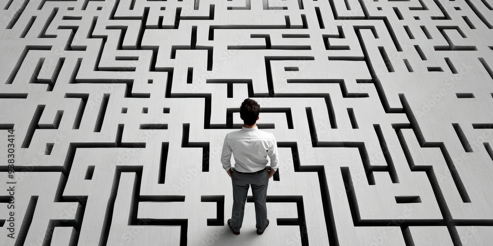 A businessman stands in front of a complex maze, symbolizing the difficulties on the way to success. A businessman stands in front of a complex maze, symbolizing the difficulties on the way to success.