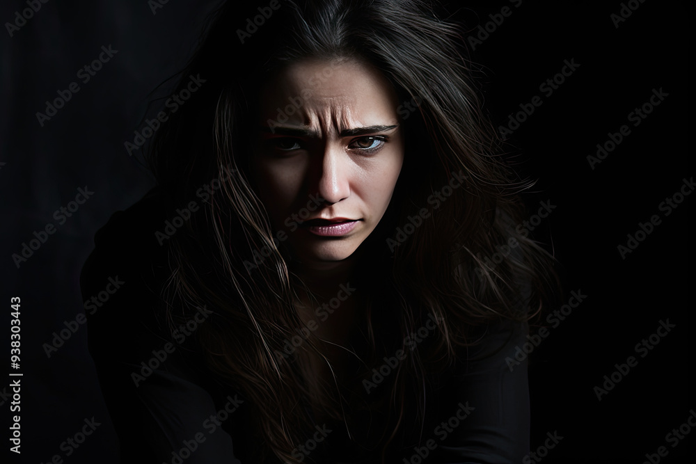 Portrait of a young woman with a troubled expression in a dark, moody setting, evoking strong emotions Portrait of a young woman with a troubled expression in a dark, moody setting, evoking strong emotions