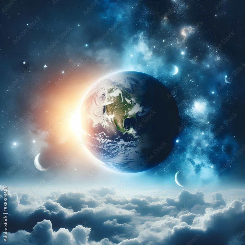 Photo Realistic Earth Daytime and Space Nighttime Concept with Whimsical Background for Text or Graphics Symbolizing Light and Dark Duality in Universe Photo Realistic Earth Daytime and Space Nighttime Concept with Whimsical Background for Text or Graphics Symbolizing Light and Dark Duality in Universe