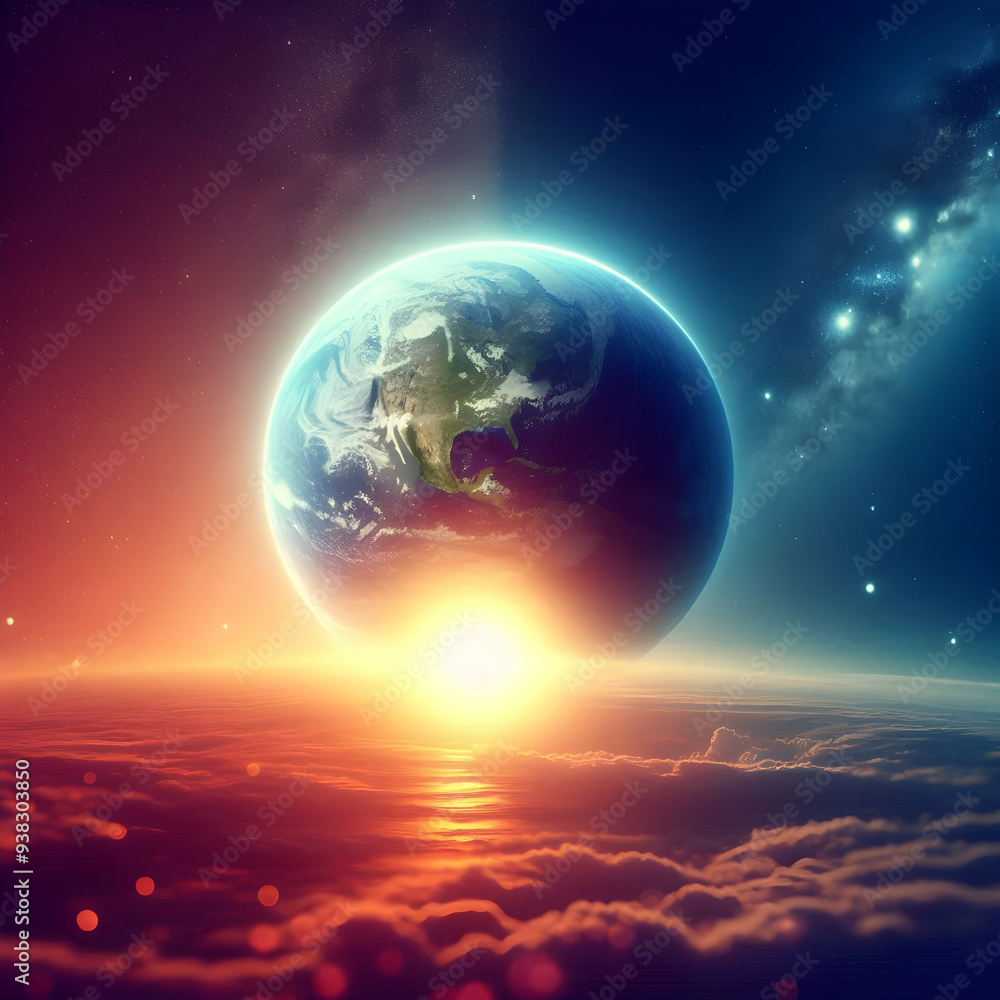 Photo Realistic Earth Twilight and Space Sunrise Concept: A Breathtaking View of Earth at Twilight and Space at Sunrise, Perfect for Illustrating Cycles Across Realms in Dreamy Bac Photo Realistic Earth Twilight and Space Sunrise Concept: A Breathtaking View of Earth at Twilight and Space at Sunrise, Perfect for Illustrating Cycles Across Realms in Dreamy Bac