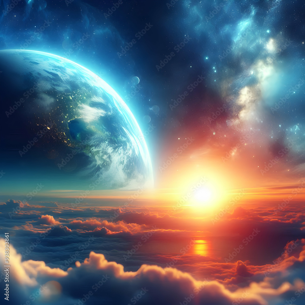 Photo Realistic Earth Twilight and Space Sunrise Concept with Ample Space for Text Beginning and End of Cycles in Different Realms | Photo Stock Photo Realistic Earth Twilight and Space Sunrise Concept with Ample Space for Text Beginning and End of Cycles in Different Realms | Photo Stock