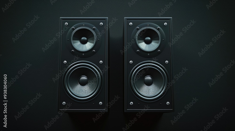 A pair of speakers perched atop a dark, sleek wall A pair of speakers perched atop a dark, sleek wall