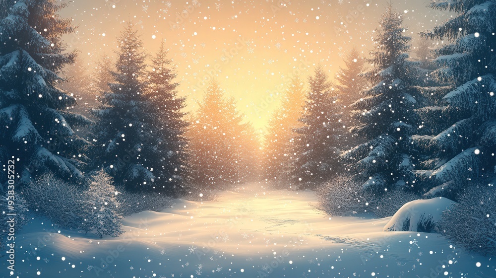 A snowy forest with trees and a sun in the background A snowy forest with trees and a sun in the background