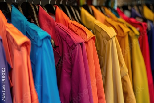 Colorful shirts and clothes hanging from a rack, great for fashion or lifestyle shots