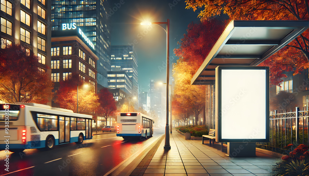 Fototapeta premium Blank White Vertical Digital Billboard Poster at a City Bus Stop at Night
