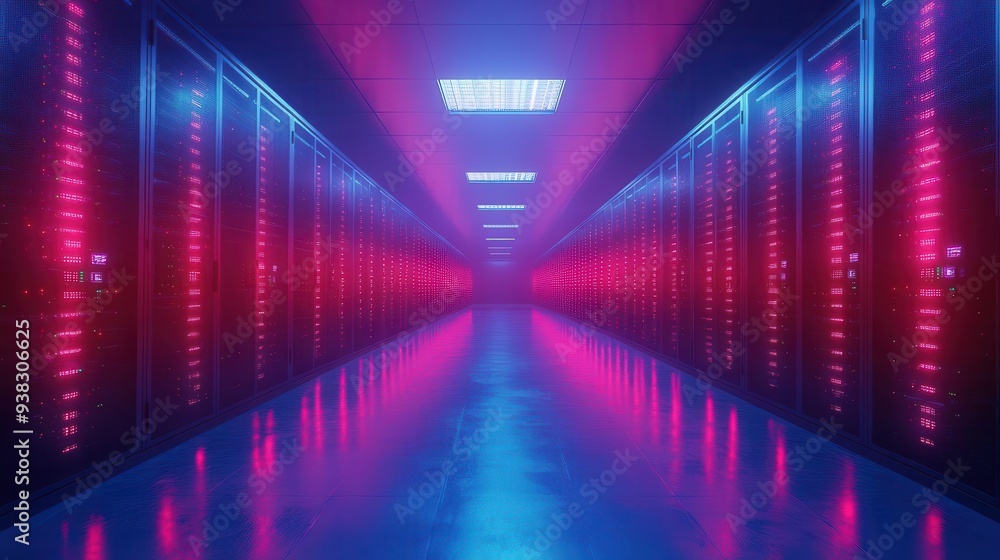 futuristic server room bathed in cool blue light rows of sleek towering servers with blinking leds symbolizing modern data storage and cloud computing power futuristic server room bathed in cool blue light rows of sleek towering servers with blinking leds symbolizing modern data storage and cloud computing power