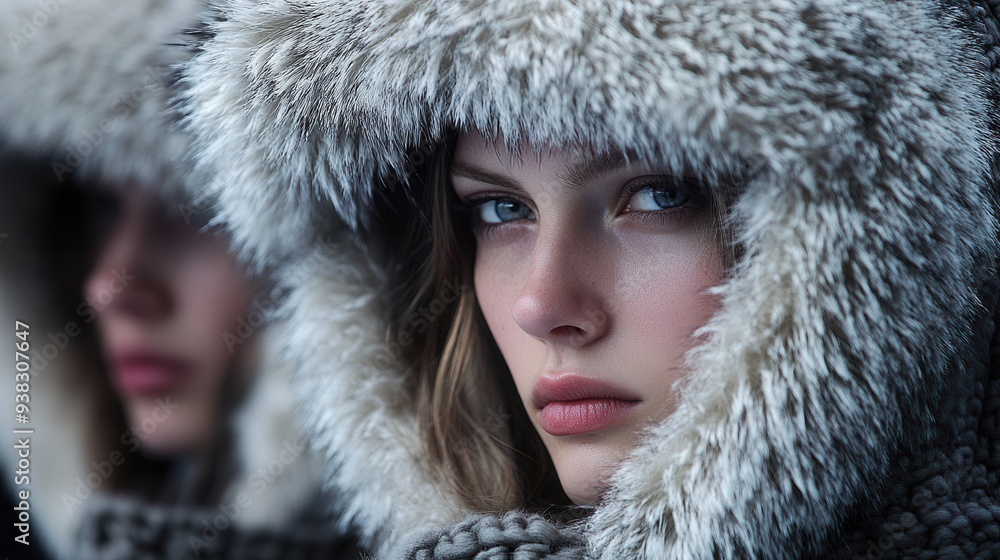 Cozy Winter Fashion: Close-up of Trendy Fur-Lined Hoods and Chunky Knitwear Layers Cozy Winter Fashion: Close-up of Trendy Fur-Lined Hoods and Chunky Knitwear Layers
