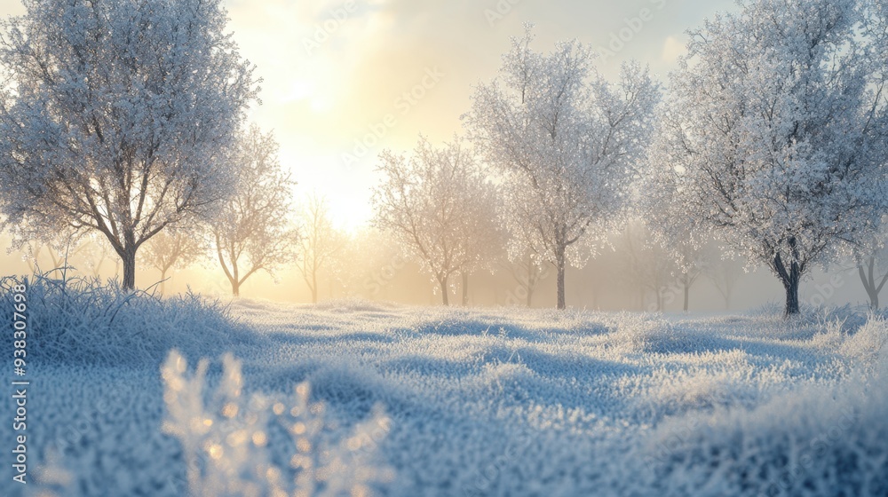 Tranquil Winter Wonderland - 3D Illustration of Frosty Morning with Delicate Ice Covering Ground and Trees Tranquil Winter Wonderland - 3D Illustration of Frosty Morning with Delicate Ice Covering Ground and Trees