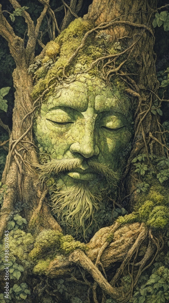 Fototapeta premium Green Man Forest Guardian Paganism Religion Spiritual Symbol