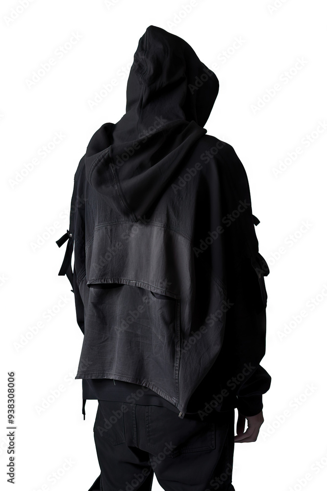 Person wearing a black and white hooded cloak with a shawl. Person wearing a black and white hooded cloak with a shawl.