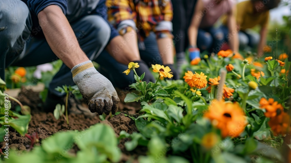 Close up of a gloved hand planting a flower in a garden with other flowers and people in the background. Close up of a gloved hand planting a flower in a garden with other flowers and people in the background.