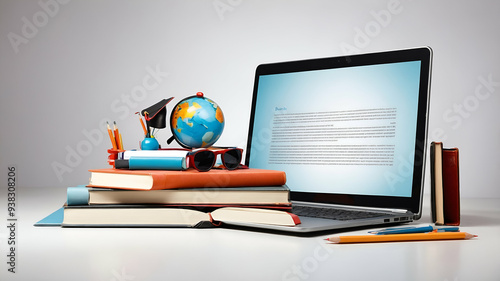 3d Flat icon as Book and Laptop concept as A book next to a laptop set against a whimsical background offering ample space for text or graphics symbolizing the blend of traditional and modern educatio photo