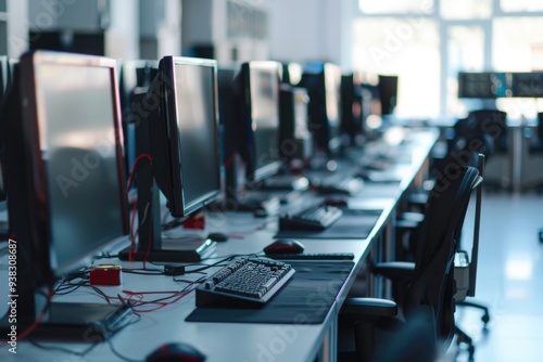 A row of computer monitors sitting on a desk, useful for office or home use