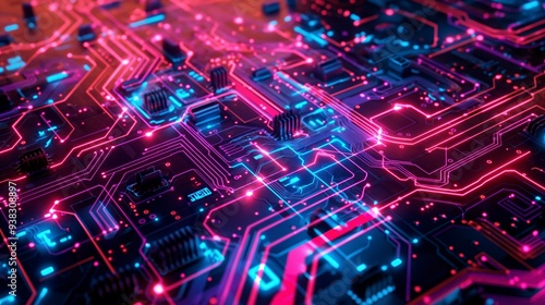 Wallpaper Mural Abstract close-up of glowing pink and blue lines on a circuit board. Torontodigital.ca