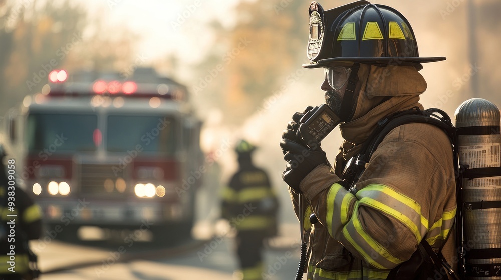 Firefighter using a radio during a fire Firefighter using a radio during a fire