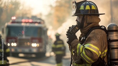 Firefighter using a radio during a fire