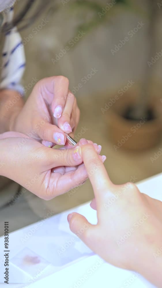 Vertical video of A close up of hands during manicure, showcasing delicate nail art and gentle touch. expression conveys care and attention. Vertical video of A close up of hands during manicure, showcasing delicate nail art and gentle touch. expression conveys care and attention.
