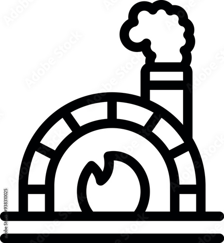 Traditional brick oven burning wood with smoke coming from chimney, simple black and white line art icon